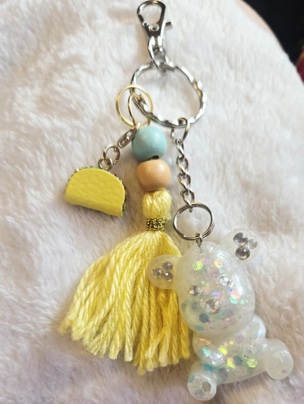 Yellow Tassel Keychain with Glitter Bear and Taco Charm